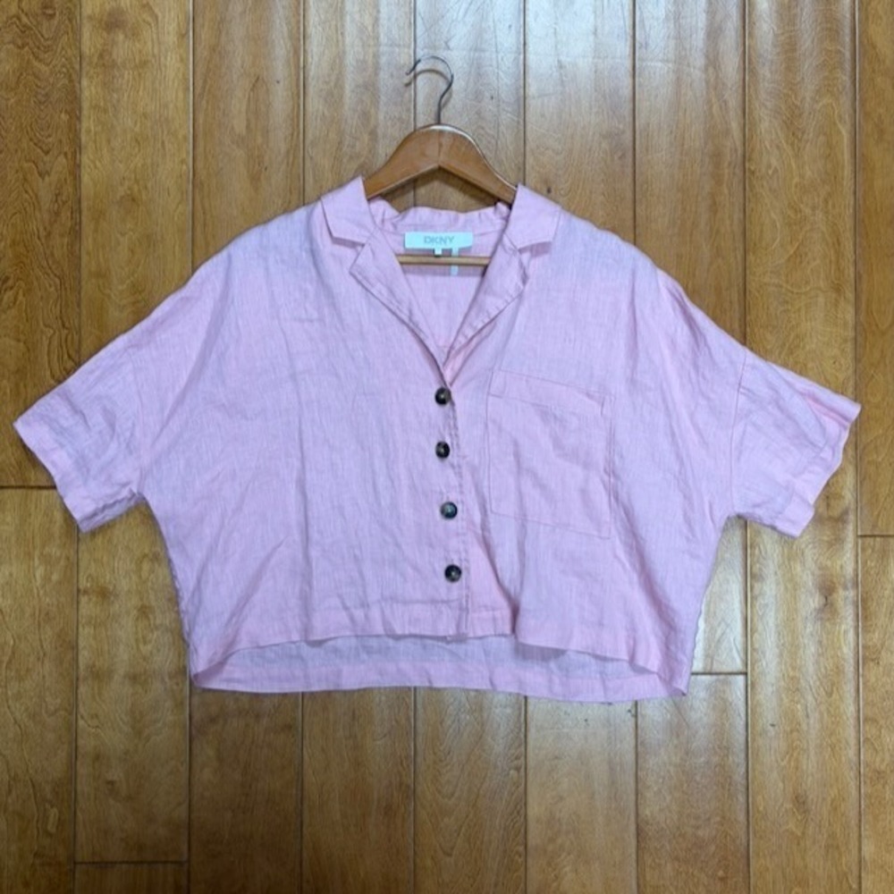 DKNY Pure Linen Cropped Shirt Pink Boxy Beachy Coastal Vacation Top S Resortwear